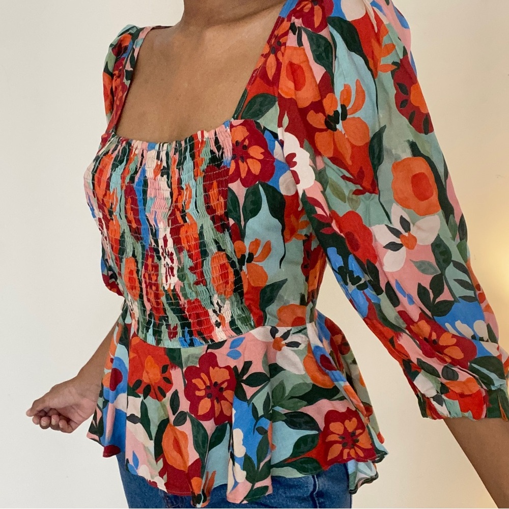 Zara floral colourful top in red orange green blue puff sleeves peplum shirring - Picture 1 of 7
